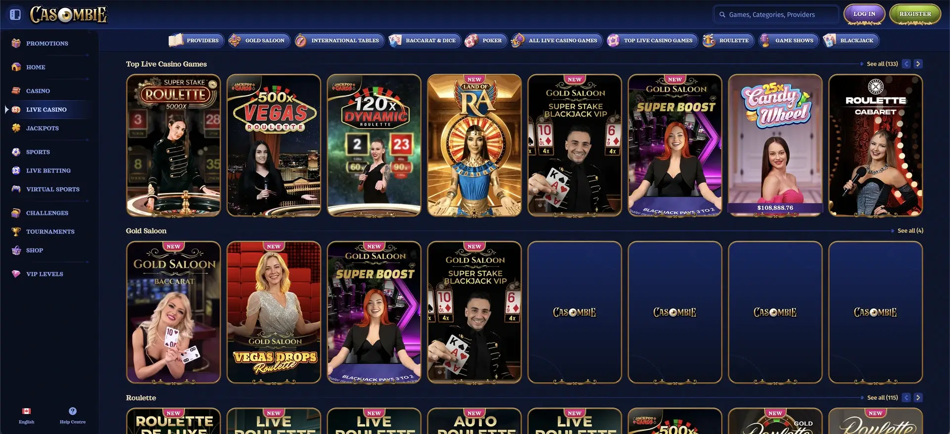 Casombie Casino Canada - live casino lobby