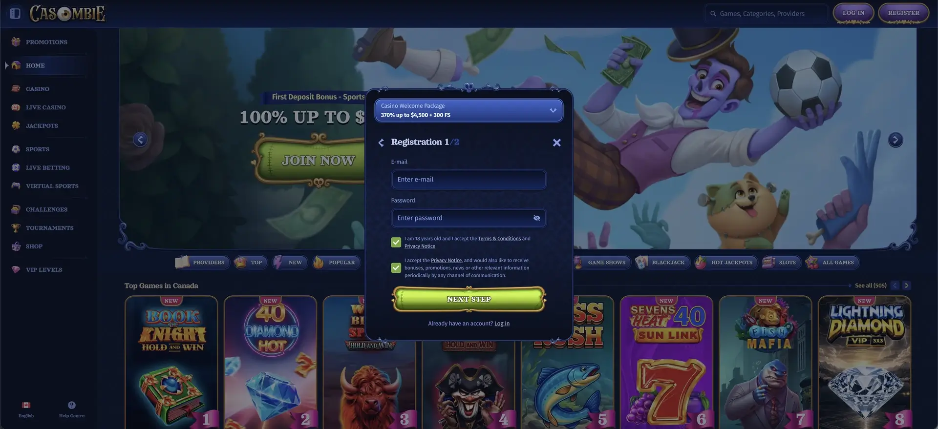 Casombie Casino login - account registration window