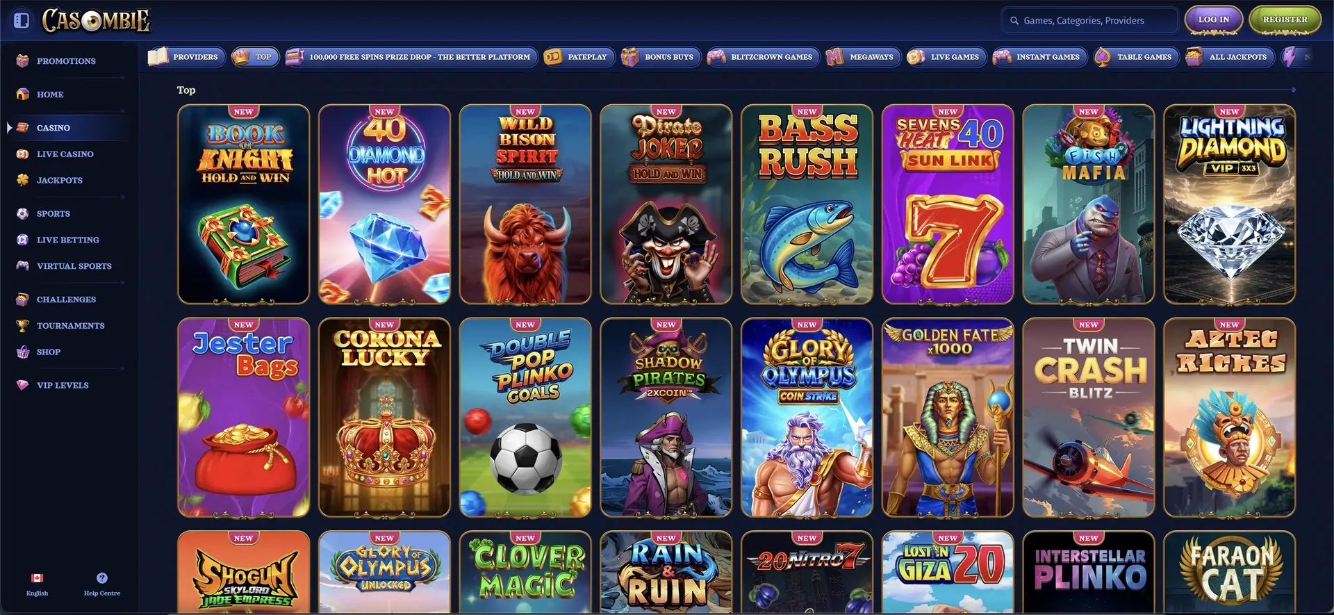 Casombie Casino Canada - slots lobby and popular games